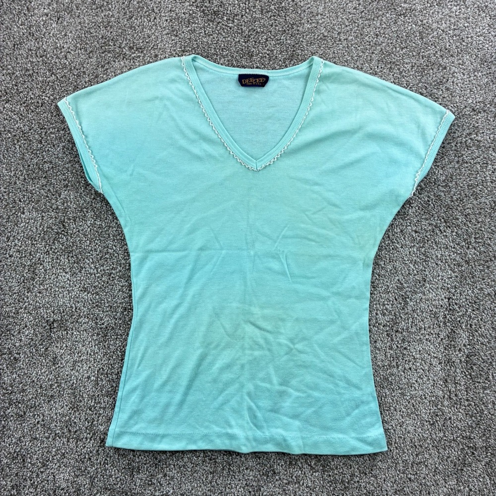 Vintage Dee Cee Top Women's S Aqua Blue Cotton Blend Lace Trim V-Neck Tee USA